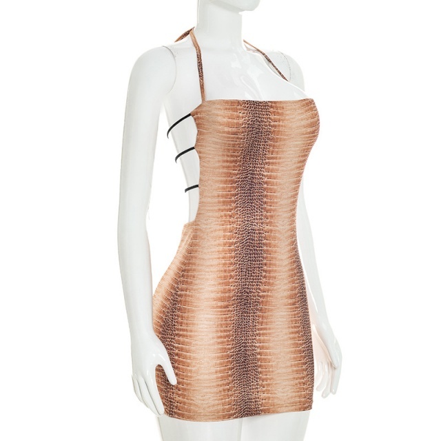 Printed Halter Neck Backless Bodycon Dress