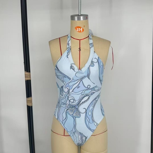 Printed Halter Neck One Piece Swimsuit with Scarf