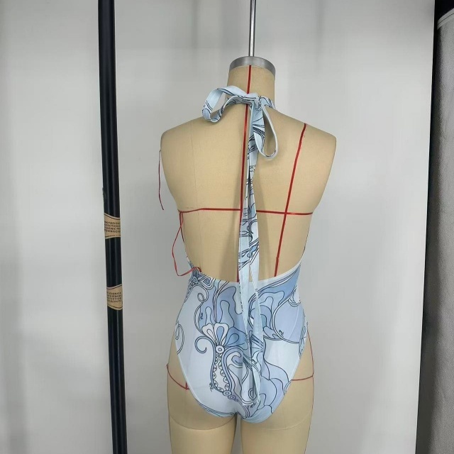 Printed Halter Neck One Piece Swimsuit with Scarf
