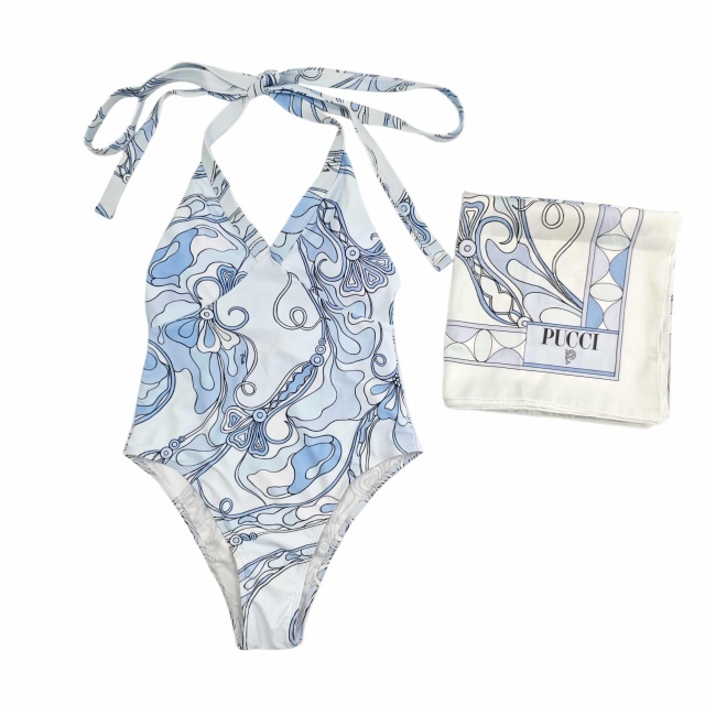 Printed Halter Neck One Piece Swimsuit with Scarf