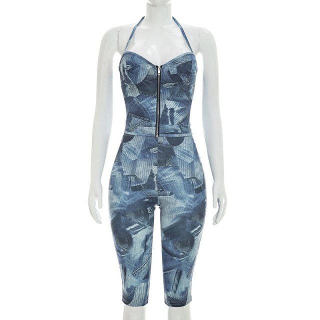 Zipper Up Halter Neck Printed Fitted Midi Pant Set