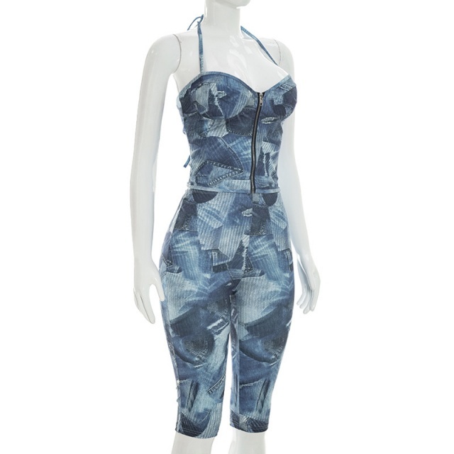 Zipper Up Halter Neck Printed Fitted Midi Pant Set