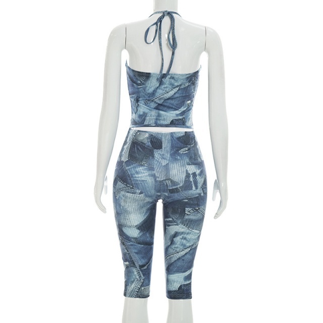 Zipper Up Halter Neck Printed Fitted Midi Pant Set