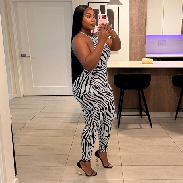 Zebra Printed Backless Fitted Jumpsuit