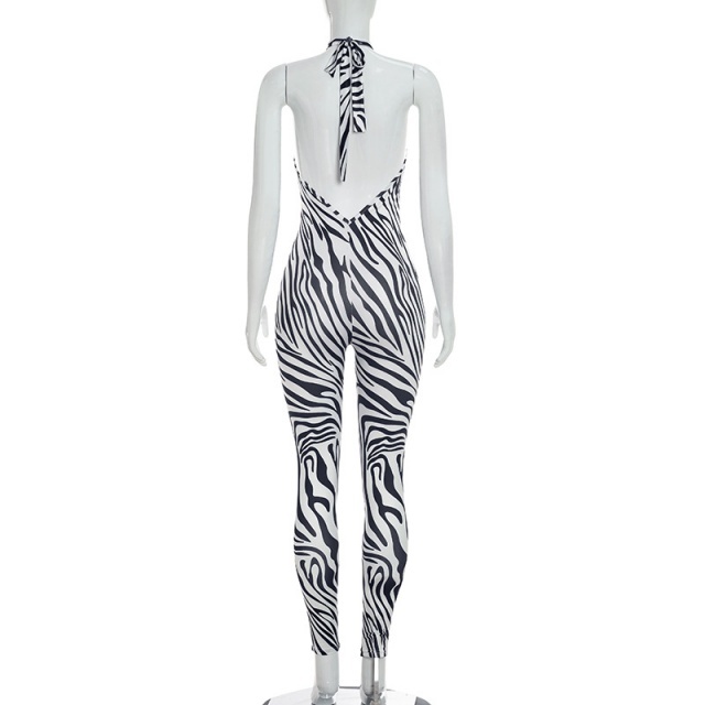 Zebra Printed Backless Fitted Jumpsuit