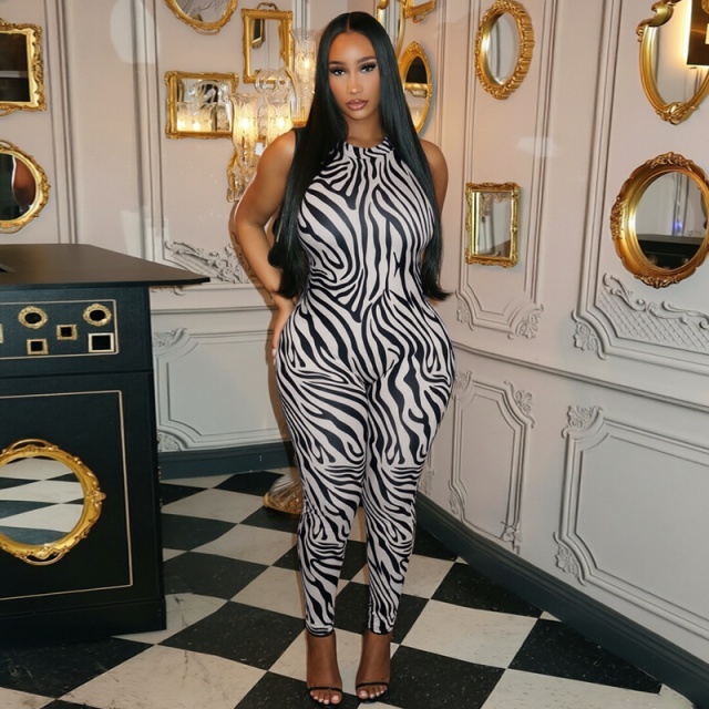 Zebra Printed Backless Fitted Jumpsuit
