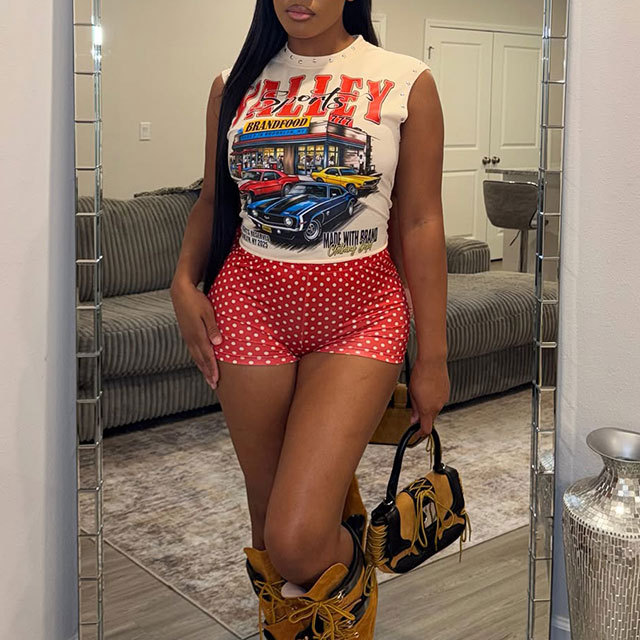 Sleeveless Tee Polka Print Shorts Set