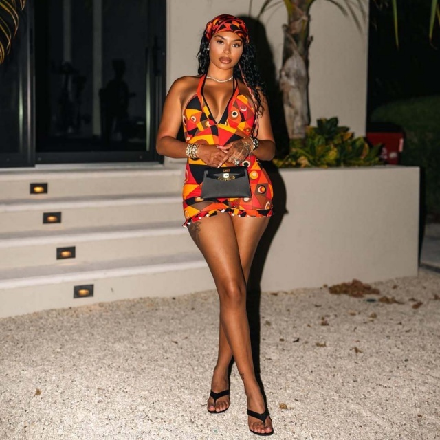 Colorblock Printed Halter Backless Romper with Headscarf