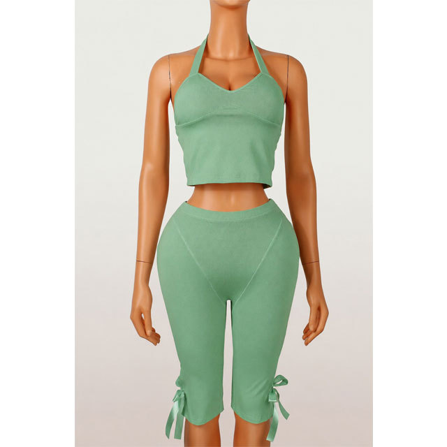 Halter Neck Crop Top Slim Fitted Cropped Pant Set