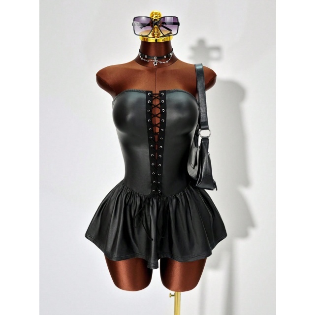 Off Shoulder Strapless Lace Up Pu Pleats Dress