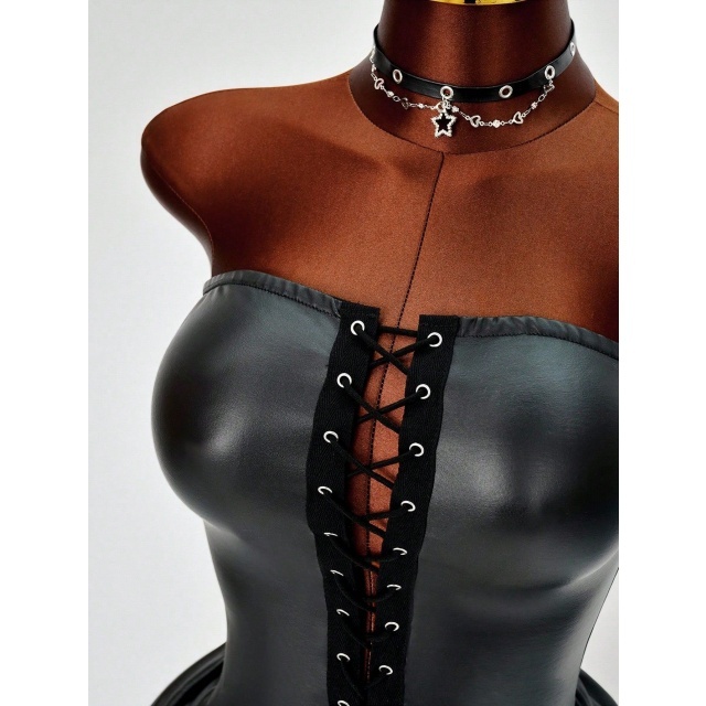 Off Shoulder Strapless Lace Up Pu Pleats Dress