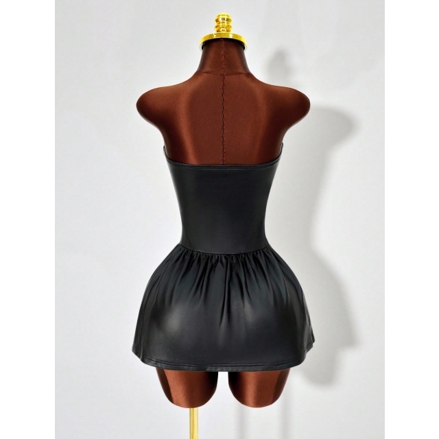 Off Shoulder Strapless Lace Up Pu Pleats Dress