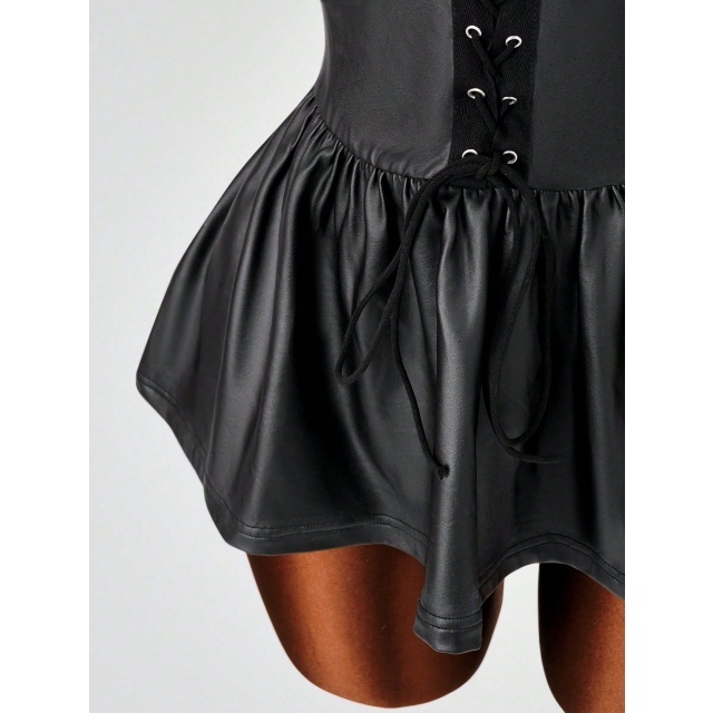 Off Shoulder Strapless Lace Up Pu Pleats Dress