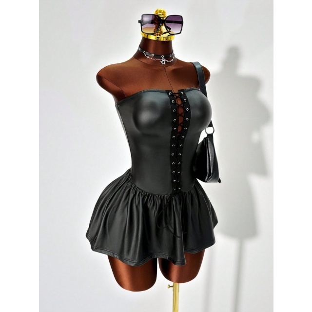 Off Shoulder Strapless Lace Up Pu Pleats Dress