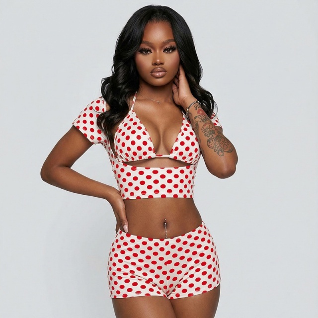 Polka Dots Printed Bikini Short Set 3 Pieces