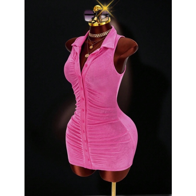 Sleeveless Polo Neck Slim Fit Pleated Dress