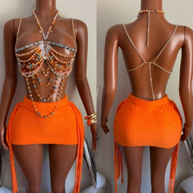 Colorful Beaded Top Fringed Mini Skirt Set