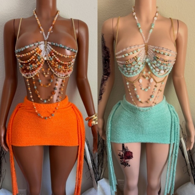 Colorful Beaded Top Fringed Mini Skirt Set