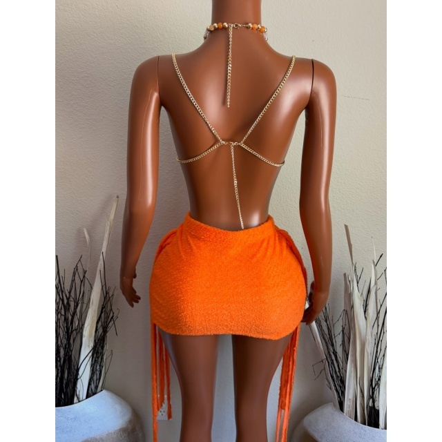 Colorful Beaded Top Fringed Mini Skirt Set