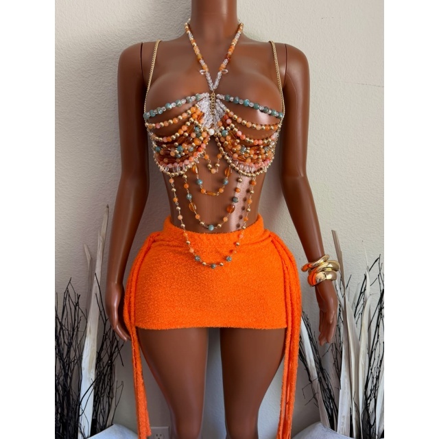 Colorful Beaded Top Fringed Mini Skirt Set