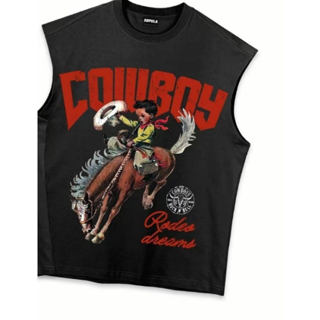 Cowboy Printed Sleeveless Casual Tee Top