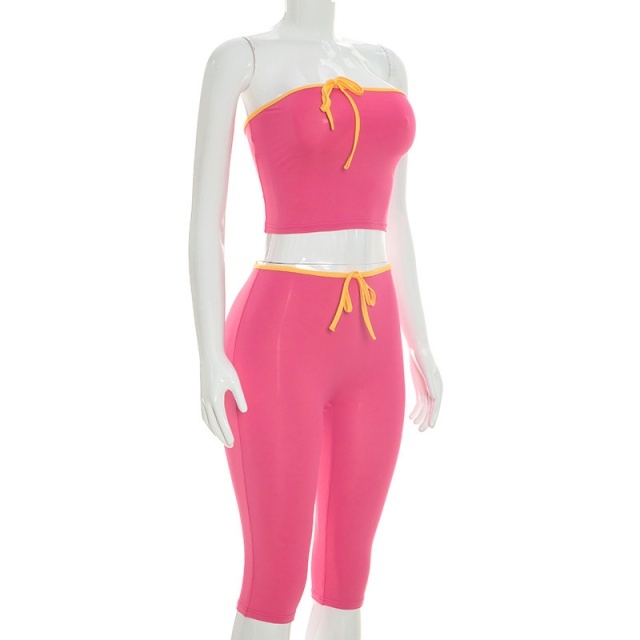 Contrast Color Tube Top Fitted Midi Pant Set