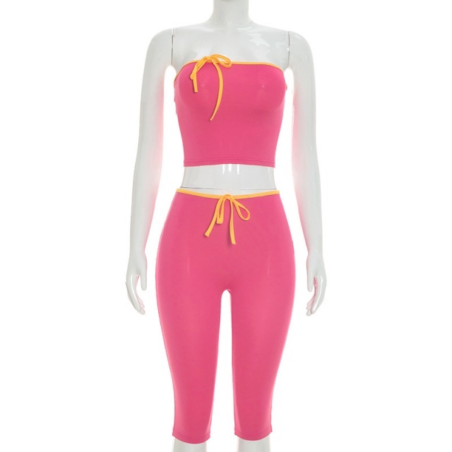 Contrast Color Tube Top Fitted Midi Pant Set
