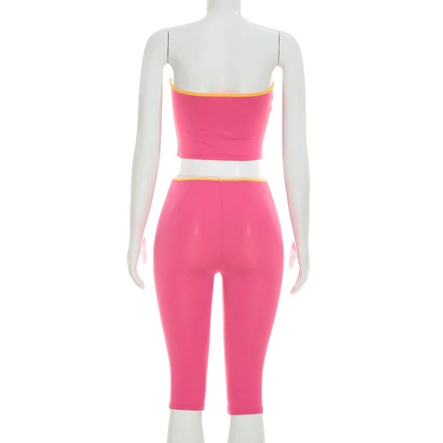 Contrast Color Tube Top Fitted Midi Pant Set