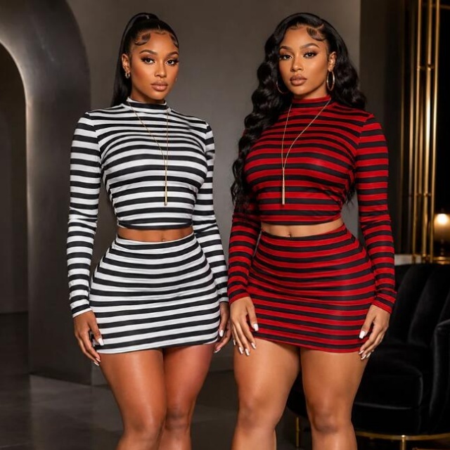 Double the Stripes Slim Fit Skirt Set