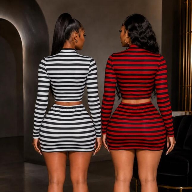 Double the Stripes Slim Fit Skirt Set