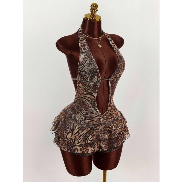 Leopard Print Halter Backless Tiered Romper