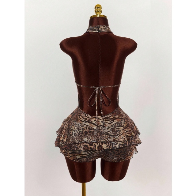 Leopard Print Halter Backless Tiered Romper