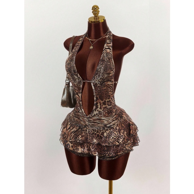 Leopard Print Halter Backless Tiered Romper