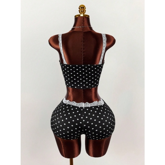 White Lace Trim Gone Dotty Fitted Short Set