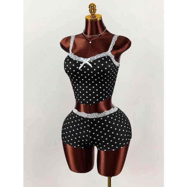 White Lace Trim Gone Dotty Fitted Short Set