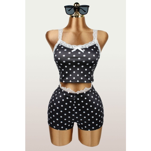 White Lace Trim Gone Dotty Fitted Short Set