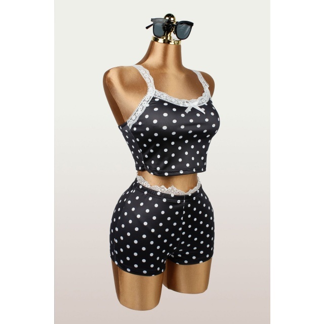 White Lace Trim Gone Dotty Fitted Short Set