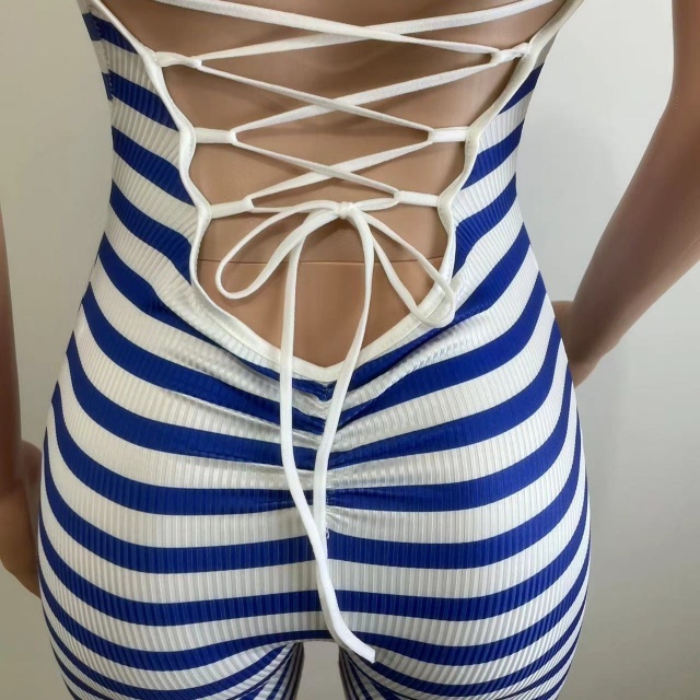 Striped Printed Halter Backless Laced-up Romper
