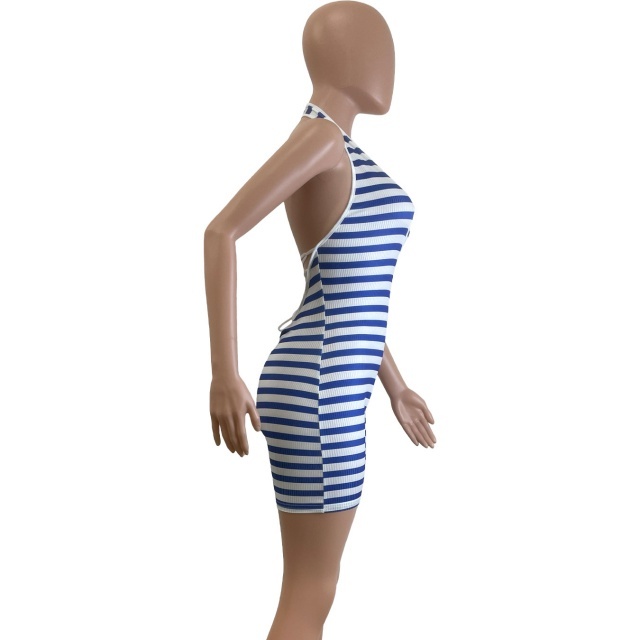 Striped Printed Halter Backless Laced-up Romper