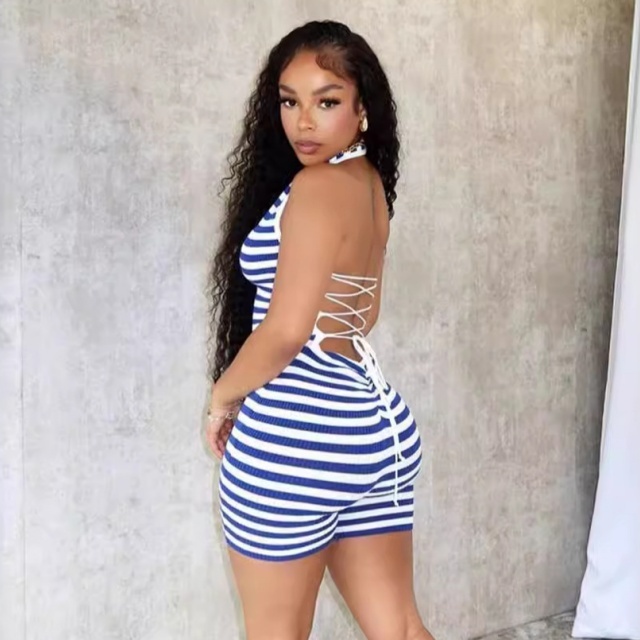 Striped Printed Halter Backless Laced-up Romper