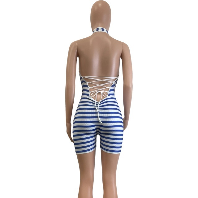 Striped Printed Halter Backless Laced-up Romper