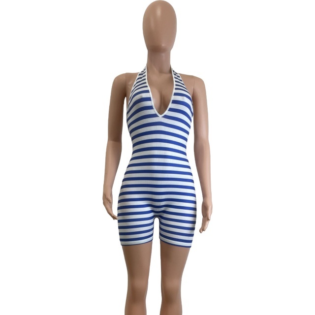 Striped Printed Halter Backless Laced-up Romper