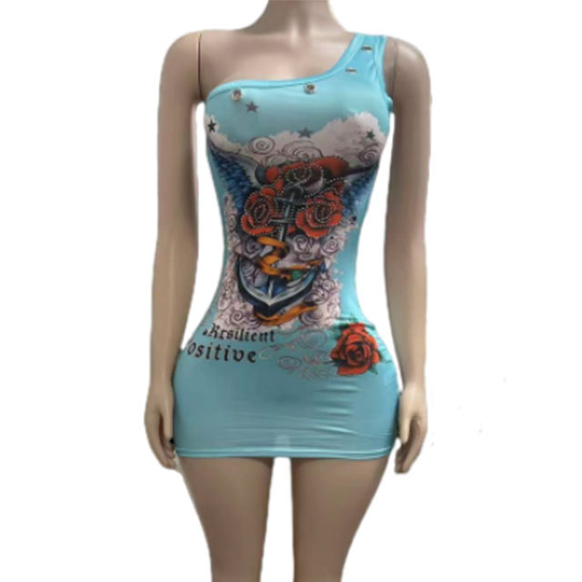 Retro Printed One Shoulder Bodycon Dress