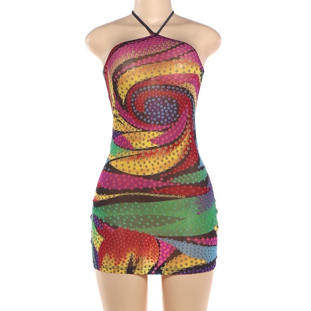 Colorful Printed Halter Neck Bodycon Dress