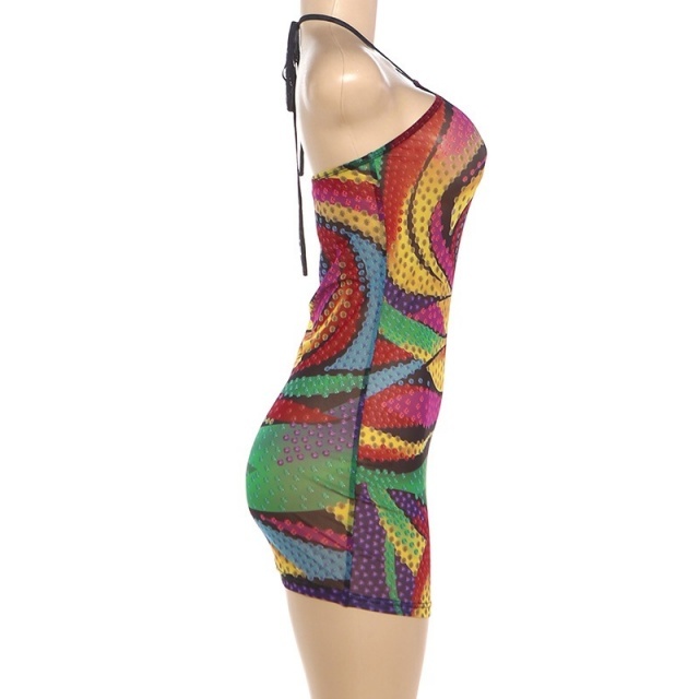 Colorful Printed Halter Neck Bodycon Dress