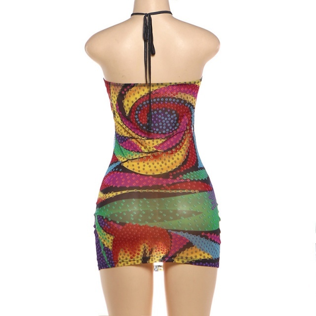 Colorful Printed Halter Neck Bodycon Dress