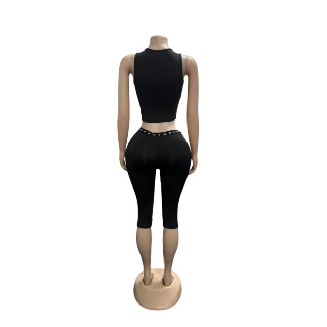 Hollow Out Laced Up Tank Top Knee Pant Set