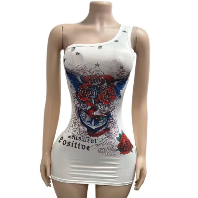 Retro Printed One Shoulder Bodycon Dress