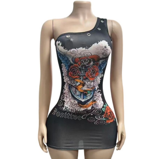 Retro Printed One Shoulder Bodycon Dress