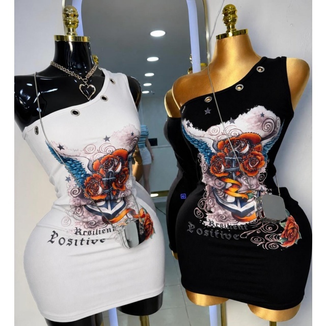 Retro Printed One Shoulder Bodycon Dress